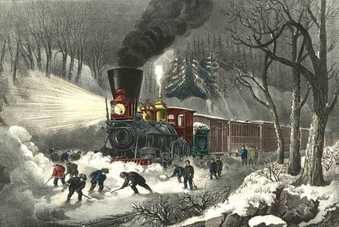American railway. A winter scene from the 19th century, in which workers with shovels are clearing