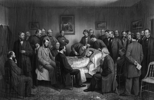 Death scene of US President Abraham Lincoln on April 15, 1865, showing the dying president with his