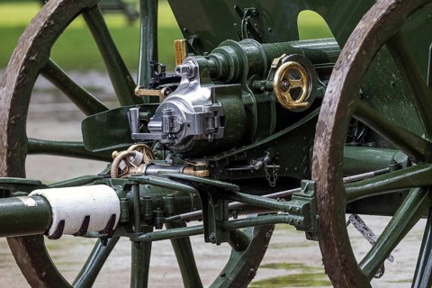 Detail of the breech and spoked wheel of a First World War era 13-pounder field gun used by the