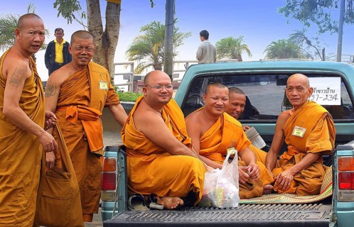 A group of laughing monks, religion, Buddhism, Thailand