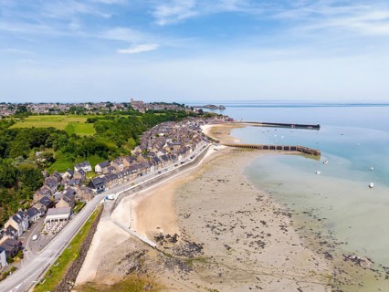 Aerial view of the picturesque fishing village of Cancale on the Emerald Coast. The picture shows