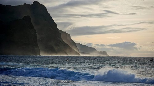 Coast with huge rocks and thundering waves under a cloudy sky, Santo Antao, Cabo Verde, Cape Verde,