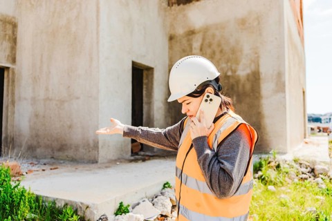 Woman in a hard hat and safety vest talks on her phone at a construction site. The background