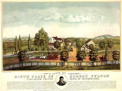 Robert Fulton's birthplace in Lancaster County, Pennsylvania. The lithograph was created by John H.