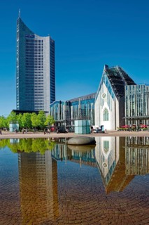 Paulinum, auditorium and university church of St. Pauli and Leipzig City Tower on Augustusplatz,