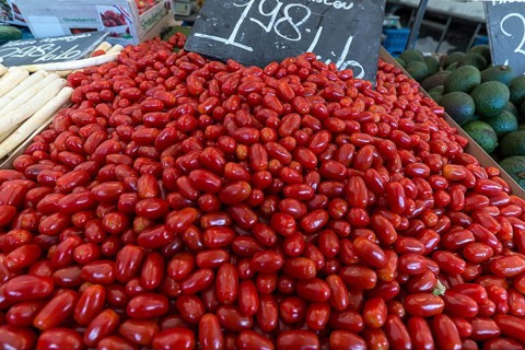 Egg-shaped tomatoes (Solanum lycopersicum) at a weekly market market, the Netherlands