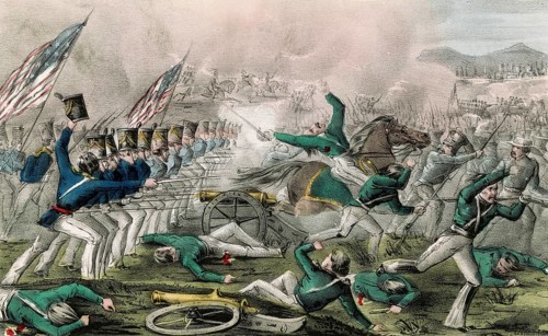 Historic lithographic print titled Battle of Churubusco depicting the Battle of Churubusco on