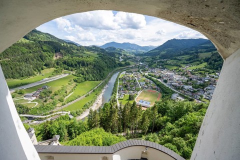View from the castle of Werfen and the river Salzach, Hohenwerfen Fortress, Pongau, Salzburg state,