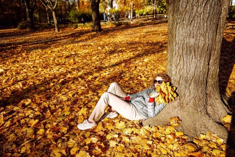 Woman relaxing with bouquet of maple leaves in sunny autumn park. A person reclines against a tree