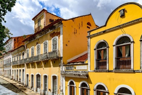 A street lined with historic colonial-style mansions in the city of Sao Luis, in the state of