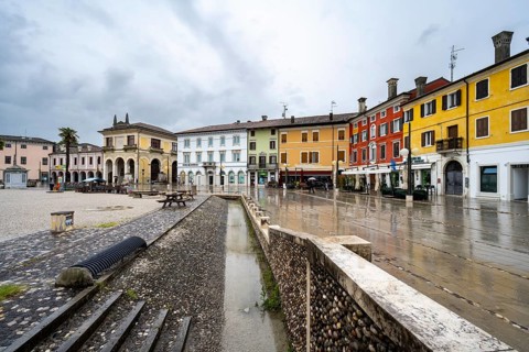 Piazza Grande main square with colorful houses, Palmanova, Friuli-Venezia Giulia, Italy