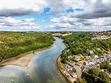 LOOE over River Looe from a drone, Cornwall, England, United Kingdom