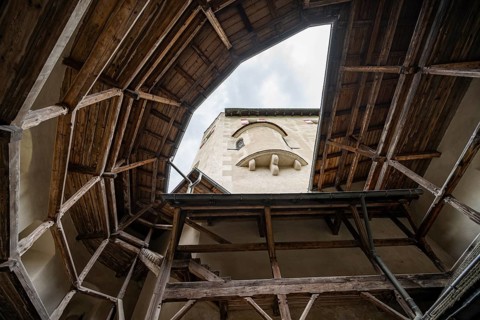 Looking up at wooden ramparts of the castle, Hohenwerfen Fortress, Werfen, Pongau, Salzburg state,