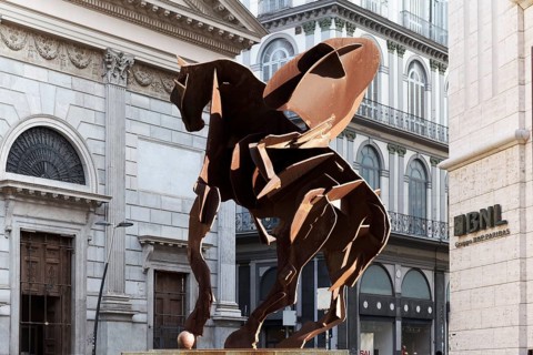 Il Cavaliere di Toledo, corten steel equestrian statue by William Kentridge on Via Toledo, Naples,