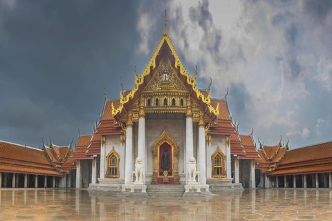 Abandoning thunderstorm over the marble temple, made of Carrara marble, Wat Benchamabopit, back of