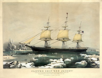 Lithograph of the famous clipper ship Red Jacket in the ice off Cape Horn. The ship's dangerous