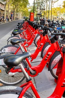 Ebikes electric bicycles rack in old town Barcelona, Spain