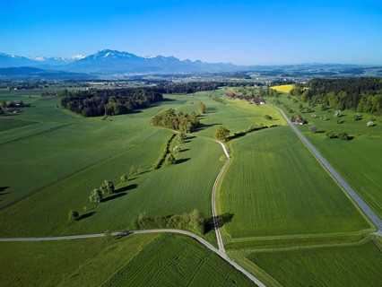 Blooming trees, fields and meadows, in the background the snow-covered Alps with Mount Pilatus,