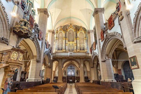 Interior and beechwood organ of the Black Church in Brasov or Kronstadt, Transylvania, Romania