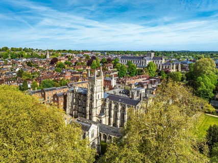Winchester Cathedral from a drone, Winchester, Hampshire, England, United Kingdom