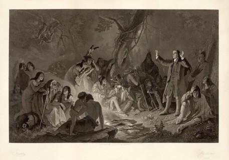 The picture shows the Moravian missionary David Zeisberger speaking to Native Americans