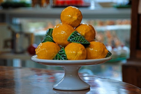Lemons with porcelain leaves in a bowl, Villa Ambiente, Nuremberg, Mttelfranken, Bavaria, Germany