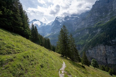 Picturesque mountain landscape on Mettlenalp with Mönch and Jungfrau peaks, Bernese Alps, Bernese