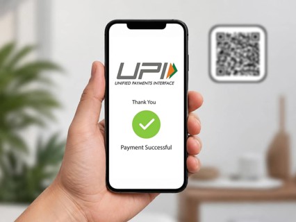 In this photo illustration, A hand holds a smartphone displaying a successful UPI digital payment