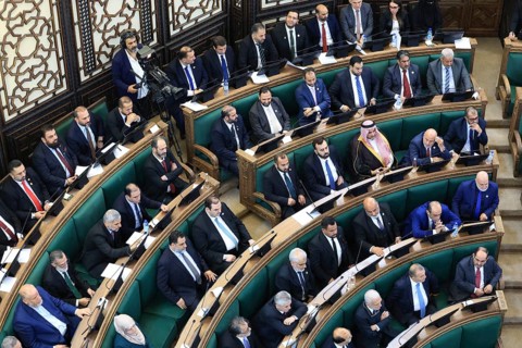 Damascus, Syria - July 12, 2026: Members of Syria's newly formed People's Assembly cast their votes