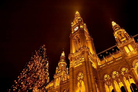 Vienna, Austria - 15 December, 2025: Illuminated city hall in Vienna, Austria, with a decorated