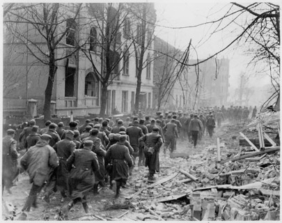 Wesel, German soldiers, prisoners, World War II, ruins, destruction, end of fascism, soldiers march