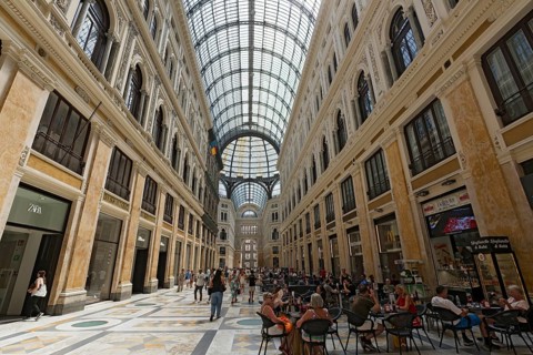 Galleria Umberto I with passers-by, historic shopping arcade with glass roofs and dome, Naples,