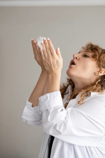 A young Caucasian woman with curly hair performs passionately at home. She holds her hands up,