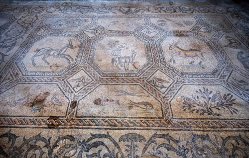 Detailed floor mosaic with depictions of people and animals, Basilica di Santa Maria Assunta,