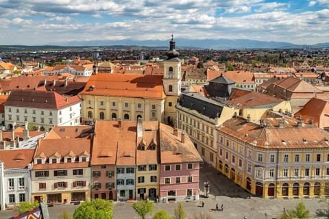 Old town and Catholic parish church of the Holy Trinity seen from above, Sibiu or Sibiu,