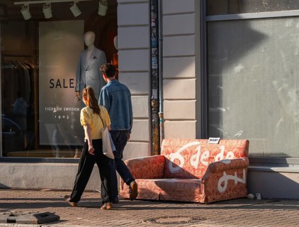 Garbage parked on public roads, couch in orange, Neue Schönholzer Straße, Berlin, Germany