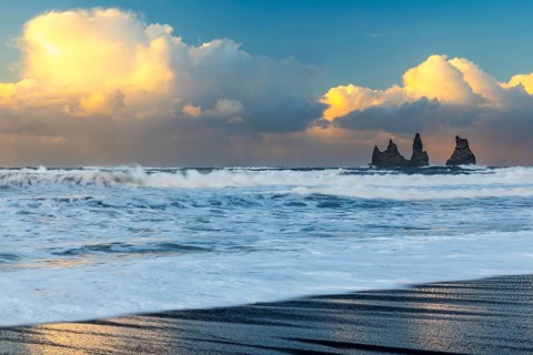 Reynisdrangar pinnacles, lava sandy beach, waves, sea, clouds, winter, Vik, Iceland, Scandinavia