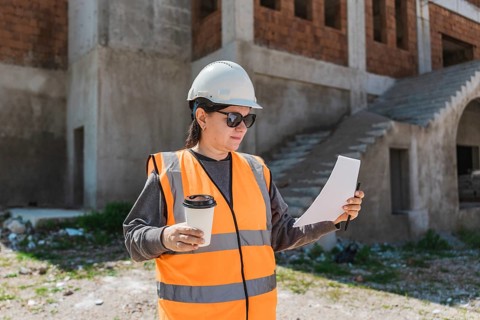 Woman in a hard hat and reflective vest examines construction plans at a building site. The