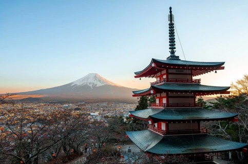 Five-story pagoda of a Shinto Shrine, Chureito Pagoda, with views of Fujiyoshida City and Mount
