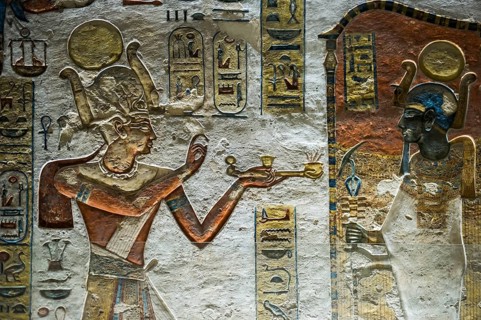 Colourful reliefs and wall paintings and hieroglyphs, tomb, Pharaoh Ramesses III, Valley of the