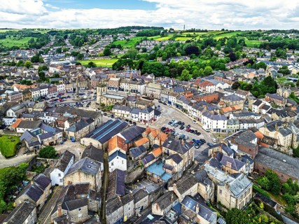 Richmond Castle from a drone, Richmond, Yorkshire Dales, North Yorkshire, England, United Kingdom