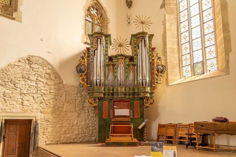Cock church organ in the interior of the Lutheran parish church in Sibiu or Sibiu, Transylvania,
