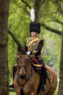 A mounted officer of the King's Troop Royal Horse Artillery takes part in the Royal Gun Salute in