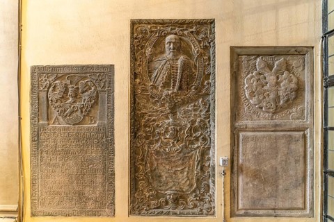 Tombstones in the interior of the Black Church in Brasov or Kronstadt, Transylvania, Romania