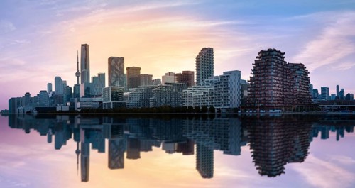 Panoramic view of the downtown Toronto financial center skyline with modern skyscrapers