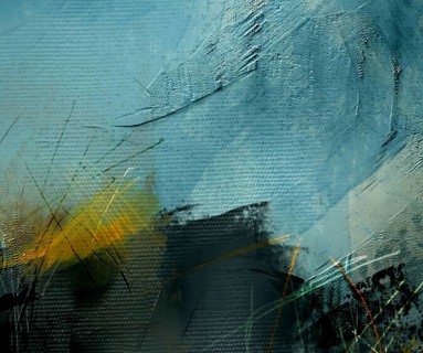 Professional abstract oil painting fragment featuring deep azure and cobalt blue tones, bold black