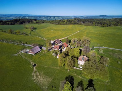 Horben viewpoint with castle and restaurant, Beinwil, Freiamt, Canton of Aargau, Switzerland
