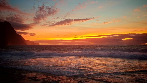 Dramatic sunset over the sea with mountains in the background, Cabo Verde, Tarrafal de Monte Trigo,