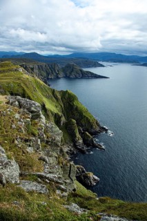 Dramatic cliff landscape with lush greenery on a rocky coast under cloudy sky, bird protection