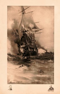 Depiction of the burning USS Congress during the Battle of Hampton Roads on March 8, 1862, The USS